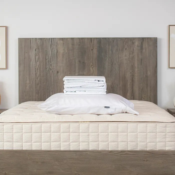 Bedroom View Naturepedic Organic Cotton Sateen Sheets + Pillowcases